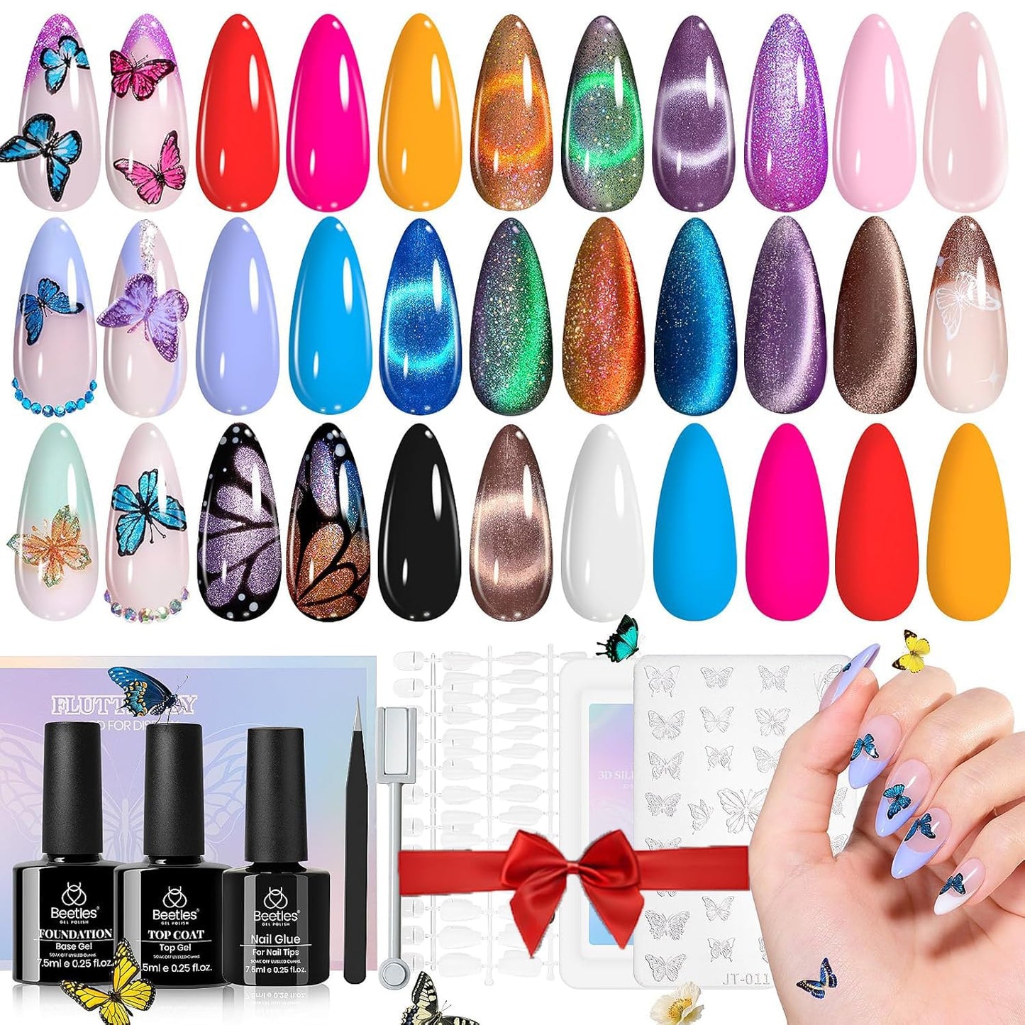 Beetles Cat Eye Gel Polish Set - 24Pcs 20 Colors Glitter Dark Color Changing Gel Nail Polish Kit with Base Gel Glossy Matte Top Coat Soak off UV DIY Nail Art Salon Ombre Black Nails Gift