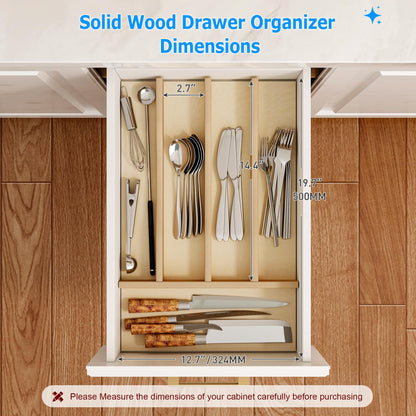 WelFurGeer Solid Birch Wood Silverware Drawer Organizer, Wooden Cutlery Drawer Organizer, Utensil Tray for Kitchen Drawers, Kitchen Utensil Organizer for Silverware, Flatware, Spoons, Forks, Knives