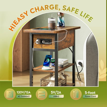 WLIVE End Table with Charging Station, Flip Top Narrow Side Table with Storage Shelf, Small Nightstand with USB Ports and Outlets,Bedside Table for Living Room, Bedroom,11.81" D x 23.62" W x 24.33" H