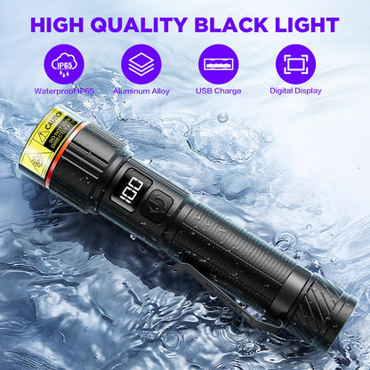 WdtPro UV Flashlight 395nm Super Bright, Rechargeable Black Light with LCD Display, IP65 Zoomable UV Light with Clip, Powerful Portable Blacklight for Pet Urine Stains, Scorpions, Resin Curing