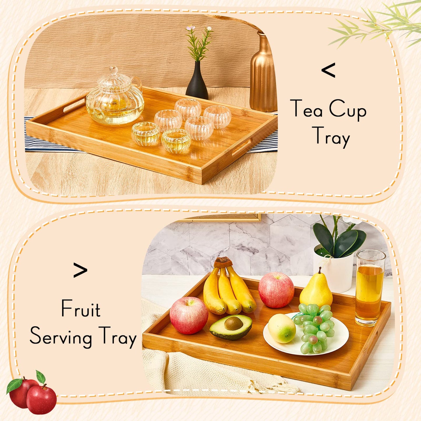 Geelin 4 Pcs 18 x 13 x 1.4 in Large Bamboo Serving Tray with Handles Rectangular Wooden Breakfast Tray Dinner Tray Decorative Coffee Tea Platter for Living Room Bedroom Kitchen Dinner Table Outdoors