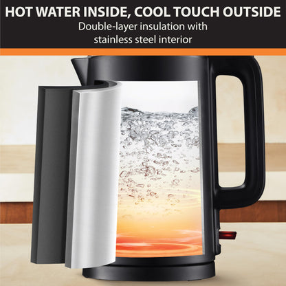 KRUPS 1.5L Electric Kettle, Cool Touch Stainless Steel Interior, Fast Boiling, one cup in 80 seconds, Double Wall, Fast Boiling, Auto Off, Keep Warm, Cordless, Black