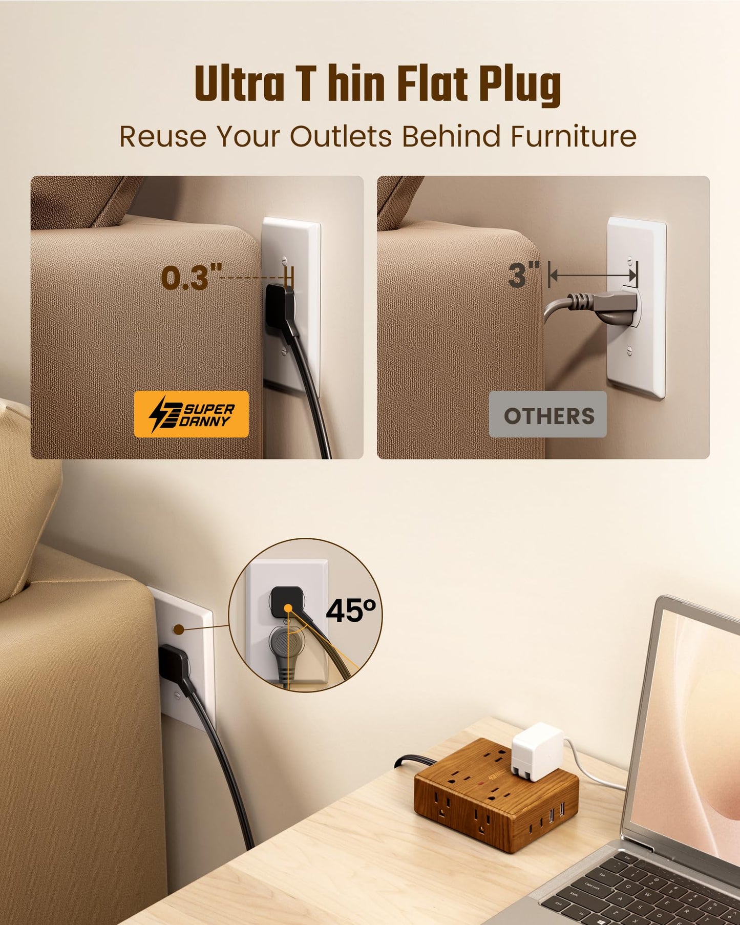 Brown Extension Cord 10Ft, Flat Plug Power Strip Surge Protector, 8 Outlets & 4 USB Ports (2 USB C), Desktop Charging Station Hidden Behind Furniture, Decorative Office Desk Accessories (Walnut Wood)