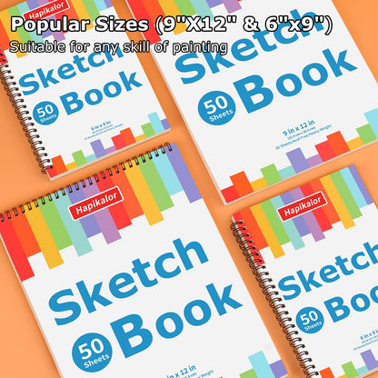 4 Pack 9x12 Sketch Book Spiral Bound, 50 Sheets Each 100gsm/68lb Acid-Free Drawing Paper, Lay-Flat Art Sketch Pad for Dry Media, Pencil, Charcoal, Sketching & Practice, School Supplies for Kids Adults
