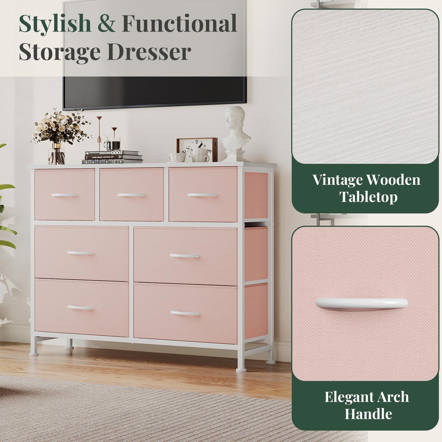 HAPPYMONT Fabric Dresser for Bedroom with 7 Drawers, Chest of Drawers, Wood Top and Metal Frame Organizer for Clothes, Closet, Entryway, Hallway, Living Room Furniture