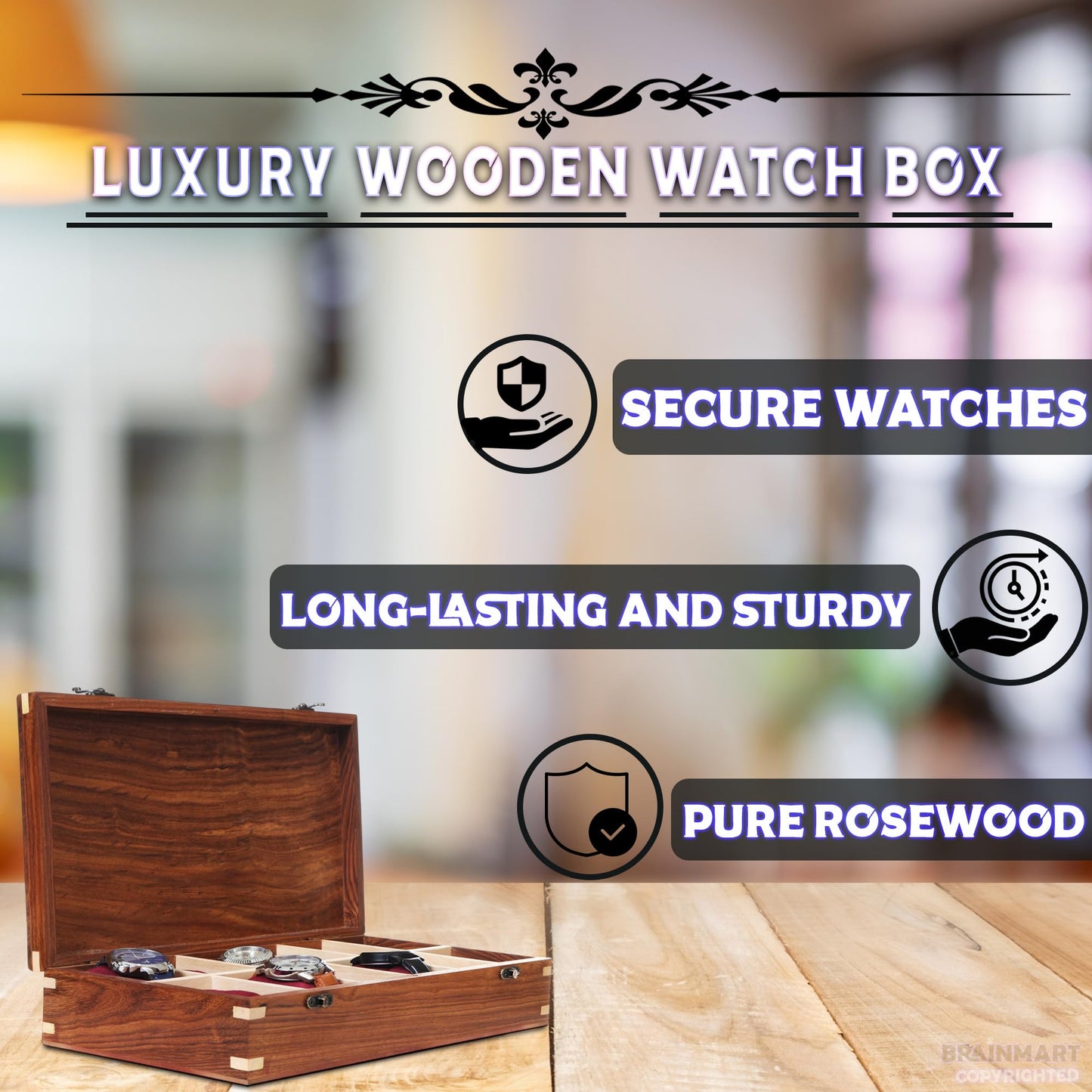 Brainmart Wooden Watch Box for Men & Women, Premium Watch Organizer Case with Wood Top, Durable Storage Holder for Watches, Elegant Gift for Collectors & Enthusiasts (12 Slot)