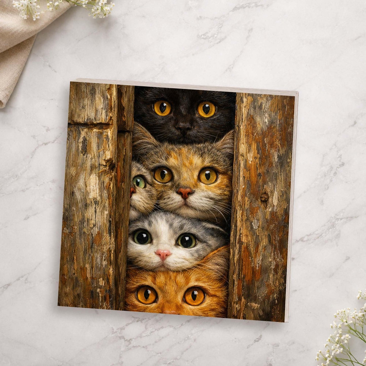 Curious Cats Wooden Block Sign, Cute Cat Art Wood Decor, Playful Animal Shelf Sitter Home Table Mantel Tiered Tray Accent, Unique Gift for Cat Lovers
