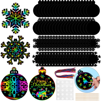Yeaqee 80 Pcs Christmas Ornament Scratch Cards Christmas Scratch Paper Art with Drawing Sticks and Ribbons DIY Xmas Magic Paper for Winter Xmas Home Party DIY Activities (Snowflake)