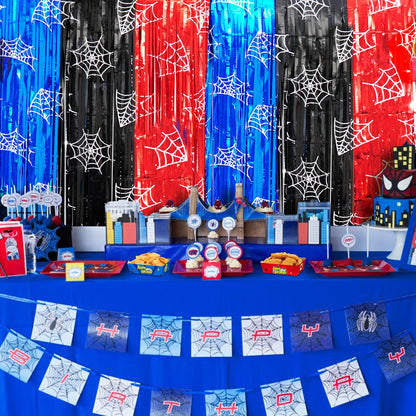 Spider Birthday Party Decoration, including 2Pack Spider-web Printing Foil Fringe Curtains, 1pack Spider Themed Birthday Banner & Balloons for Spide-party Photo Booth Props Streamers Backdrop Decor
