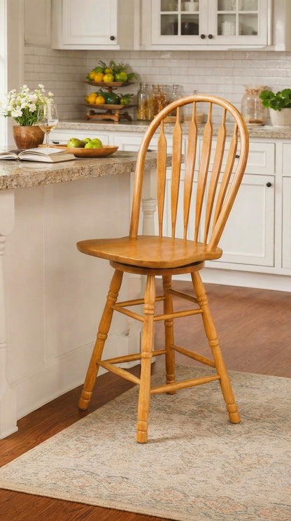Sunset Trading Selections 24" Counter Height Swivel Barstool | Farmhouse Country Cottage Windsor Arrowback Café Stool | Light Oak Solid Wood | Dining Room Kitchen Home Bar Furniture