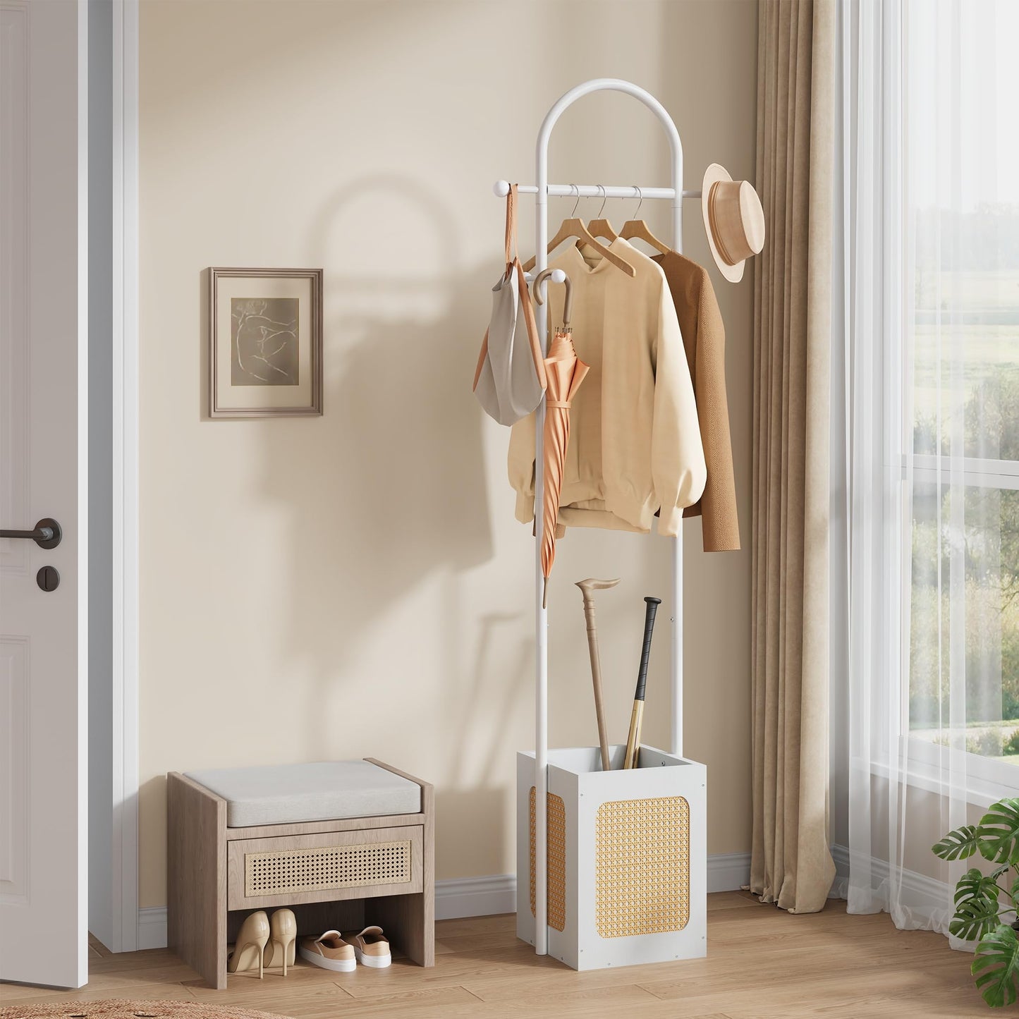 Tajsoon Coat Rack Freestanding, Coat Stand with Wooden Storage Basket, Coat Tree with 6 Hooks, Rattan Coat Hanger Stand for Living Room, Bedroom, Office, White