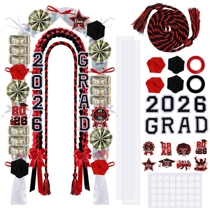 Hamdwerk 26Pcs 2026 Graduation Candy Leis Making Kit, Class of 2026 Graduation Ribbon Lei, Double Braided Necklace Decorations with Flower Patches Honor Cord for DIY Graduate Gifts Party Supplies
