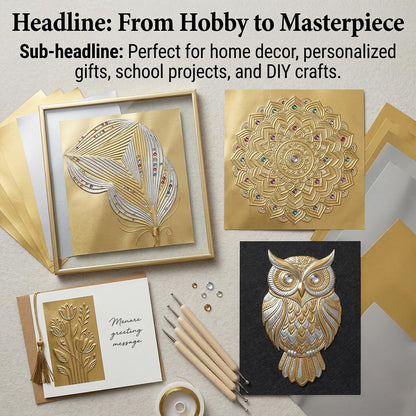NYXODRON 15 Pieces Gold Embossing Foil Sheets, 11.57 x 9.76 Inch Metal Foil Art Kit and Embossing Kit for Crafting, Metallic Foil Craft Paper with Working Pad - Shimmering Gold Finish