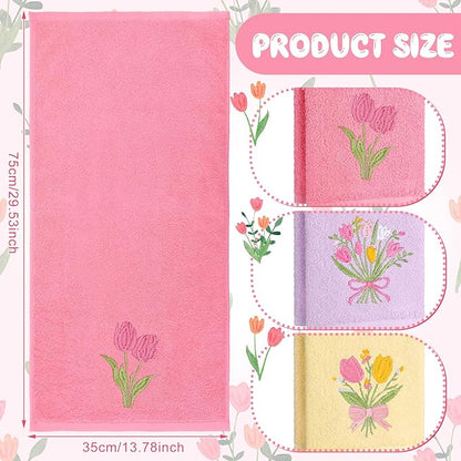 3 Pcs Tulips Bouquet Hand Towels Spring Pink Tulips Flower Bath Towels 14 x 29
