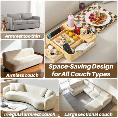 Couch Cup Holder, Checkered Couch Tray Cup Holder Sofa Tray, Large Capacity 2-Tier Wooden Trays with Drawer for Sofa, Bed, Picnic, Drinks, Remote, Cell Phone,TV Trays (Solid Pine Wood)12.5*12.5 in