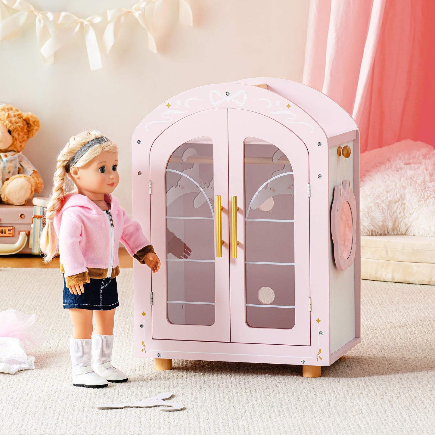 ROBOTIME 18 Inch Doll Closet, Wooden Doll Furniture Wardrobe with Mirror & Hangers, Pink Doll Clothes Storage Armoire, Doll Furniture for 18 Inch Dolls