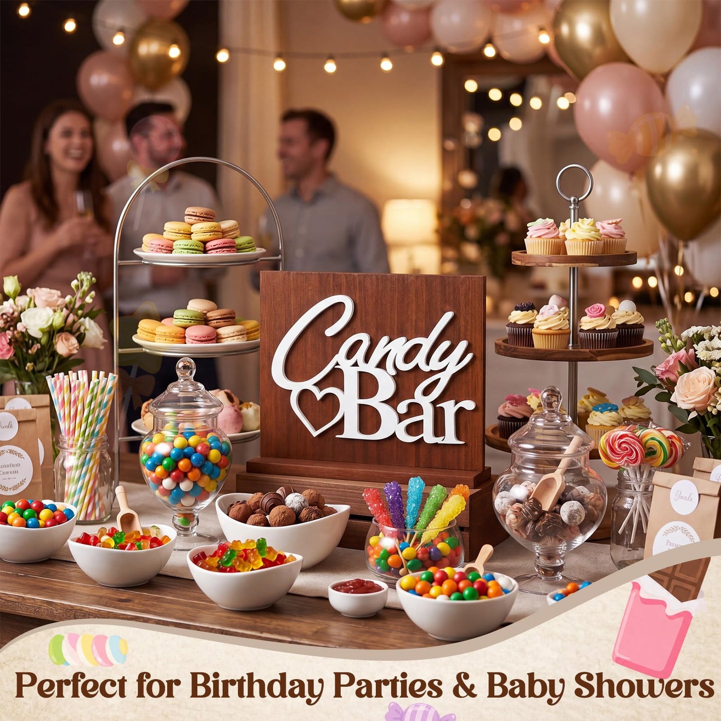 Novabright Candy Bar Wooden Sign with Rustic Wood Backboard & Stable Base, Freestanding Sweet Candy Bar Dessert Table Decor, Centerpiece with Stand for Wedding, Birthday, Bridal Shower & Party