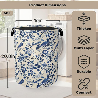 Navy Blue Beige Birds Laundry Basket