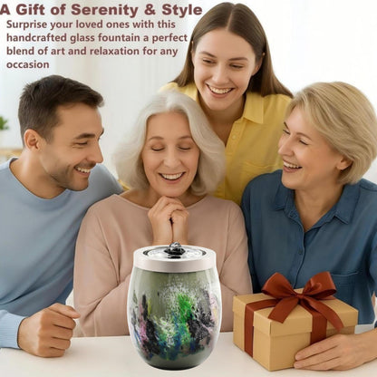 VOREEN Handblown Art Glass Tabletop Fountain, Quiet USB Desk Water Feature for Home & Office, Artisan-Made Landscape Glass Water Design with Soft White Ambient Glow, Collectible Décor Gift – Grey