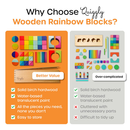 Quiggly Montessori Wooden Rainbow Building Blocks - 68 Pc STEM Toy Set