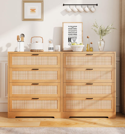 GarveeHome Rattan Dresser, Tall Chest of Drawers, Wood Dresser for Bedroom, Closet, Living Room, Hallway (Natural, 15.8" D x 31.5" W x 38.6" H (4 Rattan Drawers))
