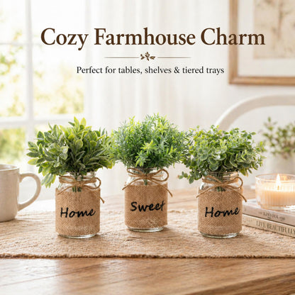 Suncalla 3 Pcs Spring Mason Jar Table Centerpiece Decor Small Fake Plants Farmhouse Rustic Burlap Vases Artificial Eucalyptus Rosemary Plants for Office Laundry Bathroom Shelf Table Wedding Decoration