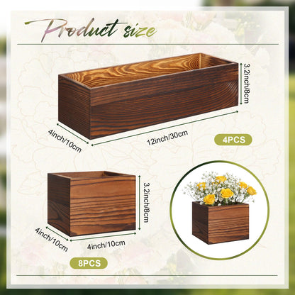 Leinuosen 12 Wooden Planter Boxes Set, 4 Pcs 12 x 4 Inch Rectangle Wood Planter Box 8 Pcs 4 x 4 Inch Wooden Cube Flower Pots Rustic Square Wood Vase for Centerpiece Wedding Decoration(Classic,Brown)