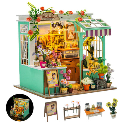 Hallisun DIY Miniature House Kit, Alice Garden Tiny 3D Wooden House Making Set for Adults, Dollhouse Bookshelf Decor with Furniture & LED Lights, Christmas Birthday Greenhouse Craft Gift for Friend