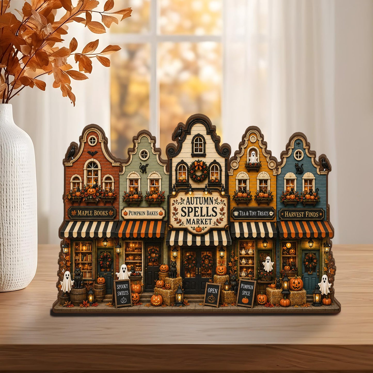 VYLARA Halloween Haunted Village Wooden Block, Rustic Spooky Town Shelf Sitter, Gothic Fall Home Decoration, Halloween Wood Sign Display