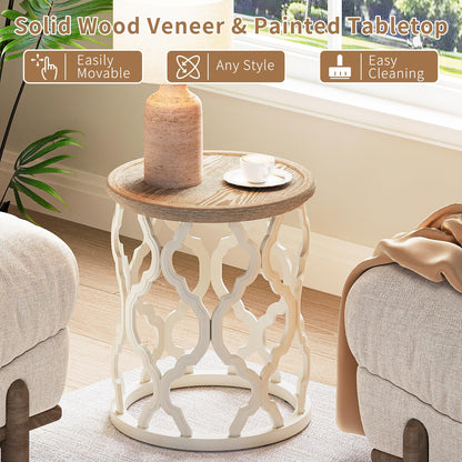 karlott Farmhouse End Table, 18.5'' French Country Round Side Table, Distressed Tray Top Side Table with Curved Motif Frame Base for Boho, End Tables Living Room, Bedroom, Small Space, Cream Beige
