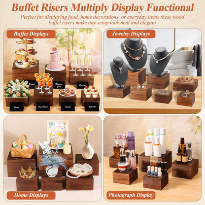 Qinzave 7 Pack Wooden Risers Display Stands with Acrylic Maker Pen and Mini Sign, Food Risers for Buffet Table Shelf Display Stand for Party Catering Dessert Cupcake Jewelry