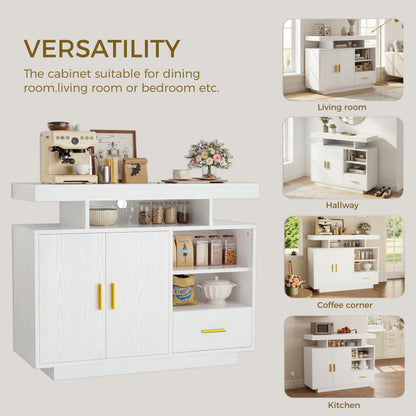 IRONCK Buffet Cabinet, Sideboard Cabinet with Power Outlet and LED Light, Modern Storage Cabinet with Drawer, Coffee Bar Cabinet with Doors and Shelves for Kitchen, White