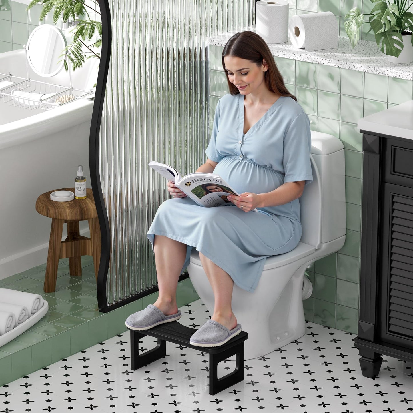 Bathway Squatting Potty Stool, Compact Poop Stool, Bamboo Wood Toilet Stool Squat Adult, Black Foot Step Stool, Anti-Slip Pooping Stools for Bathroom, Assembly Required, 6.8''