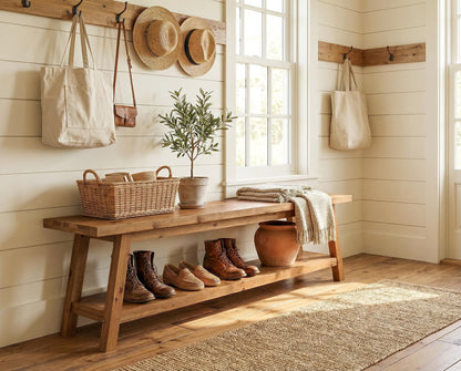 TRIBEWOOD Solid Wood Entryway Bench with Shoe Storage Shelf, 62.99" Long Rustic Hallway Shoe Bench, Natural Wood Mudroom Window Seating, 400 lbs Capacity