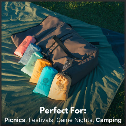 ECCOSOPHY Sand Proof Beach Blanket - Waterproof Picnic Blanket 60x55-Outdoor Compact Pocket Blanket-Lightweight Ground Cover for Hiking, Camping, Festivals, Sports, Travel-with Bag & Stakes (Olive)