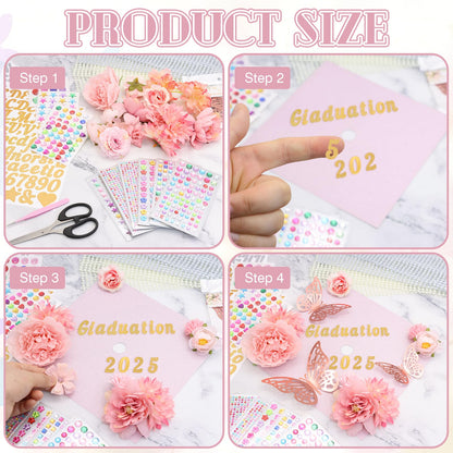 ZYNERY Graduation Cap Decorations Kit Grad Cap Topper Decor Includes Glitter Paper 3D Butterfly Faux Flower Letters Stickers, Cap Decorations for DIY Graduation Cap Topper (Pink)