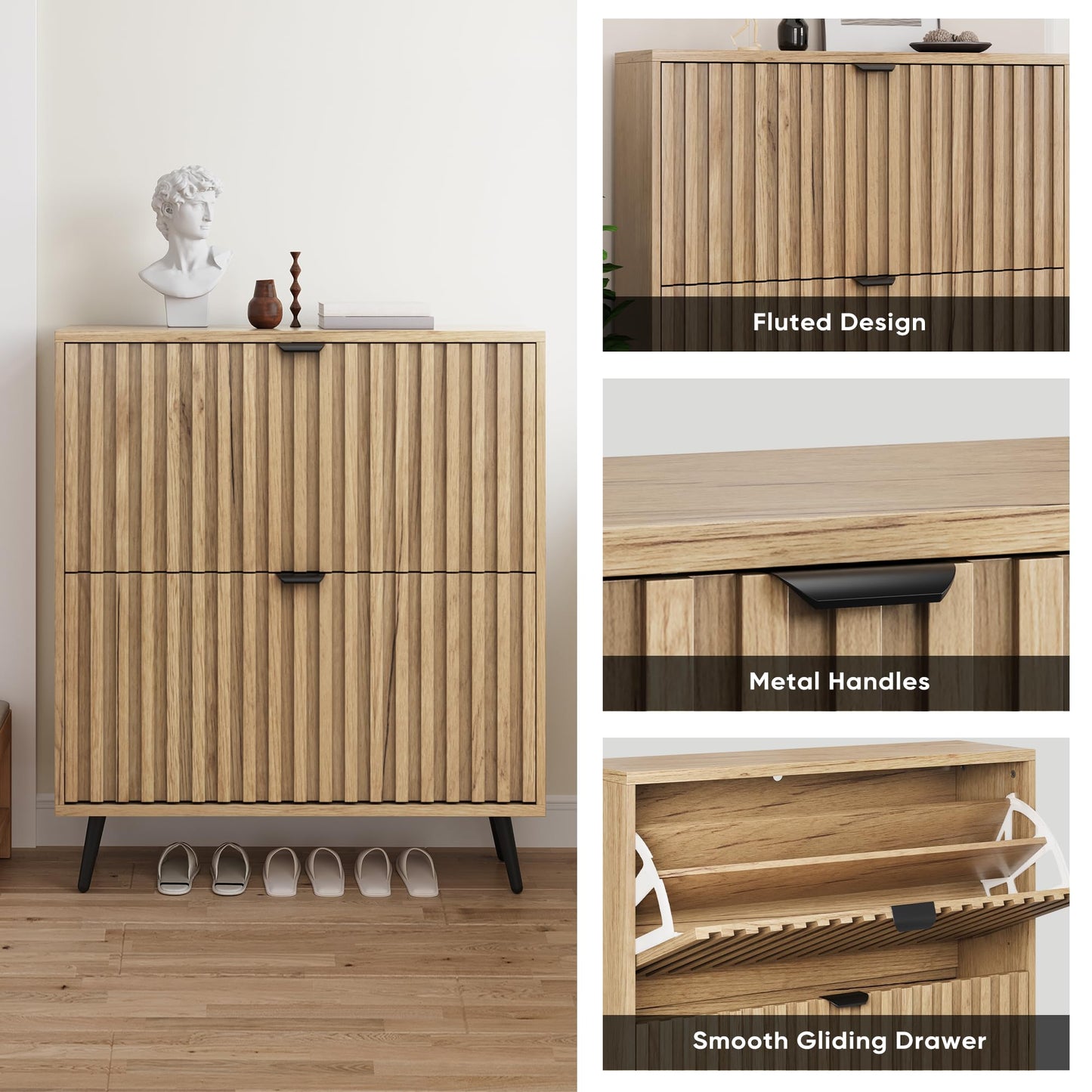 Smuxee Shoe Cabinet with 2 Flip Drawers, 31.5" Natural Hidden Shoe Storage Cabinet with Fluted Design, Freestanding Shoe Organizer Cabinet for Entryway, Hallway, Closet, Living Room