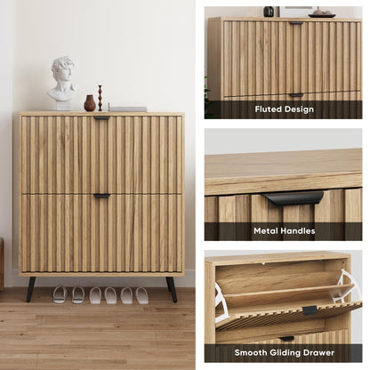 Smuxee Shoe Cabinet with 2 Flip Drawers, 31.5" Natural Hidden Shoe Storage Cabinet with Fluted Design, Freestanding Shoe Organizer Cabinet for Entryway, Hallway, Closet, Living Room