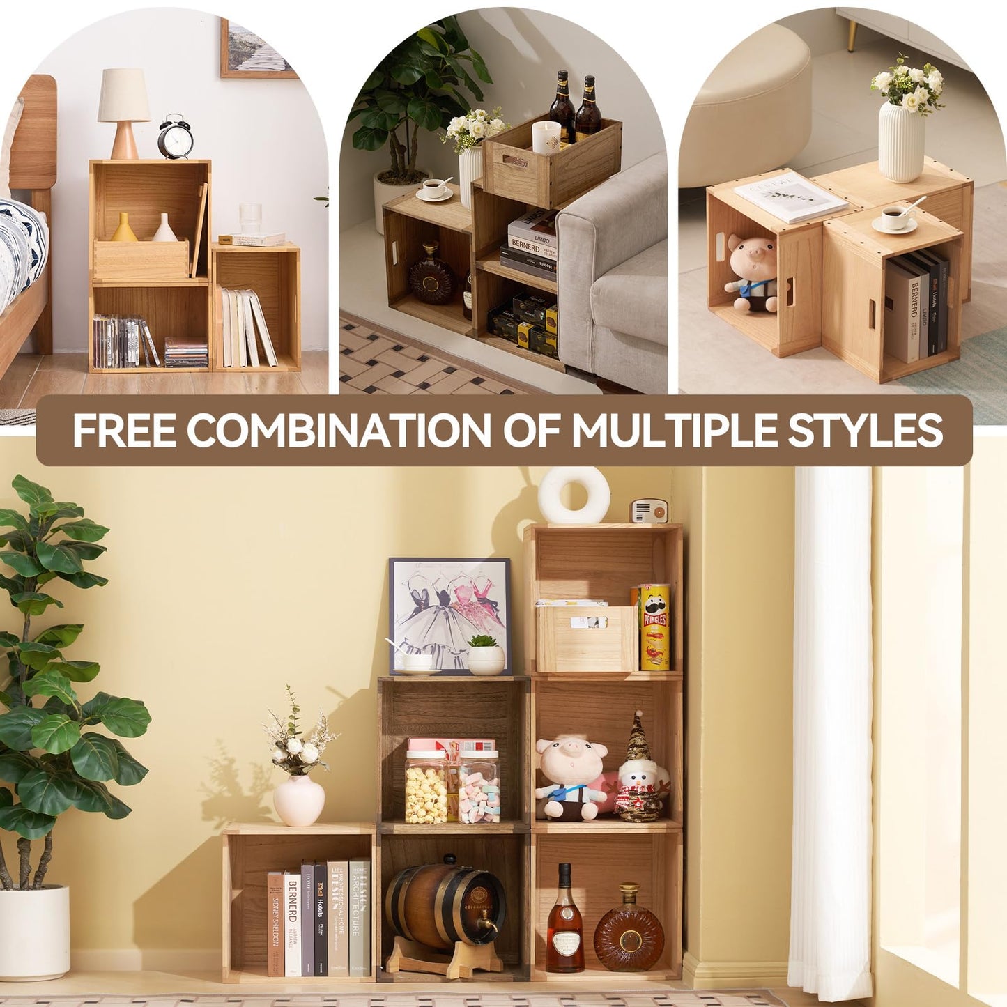 KIRIGEN Stackable Wood Storage Cube /Basket/ Bins Organizer for Home Books Clothes Modular Open Cubby Storage System - Office Cubical Bookcase Closet Shelves C26-DBR