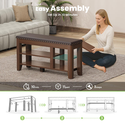 Shoe Bench for Entryway, Solid Rubberwood Shoe Bench with Hidden Storage, Adjustable 2-Tier Shelves & Soft PU Leather Seat, Shoe Rack Durable Easy Assembly for Hallway or Bedroom - Brown, 39.4"