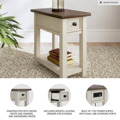 Signature Design by Ashley Bolanburg Chairside End Table With Charging Station, Two-Tone Wood Accent Table With Drawer Storage, Plank Top Design for Living Room or Bedroom, Antique White