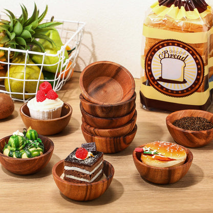 LOYIM 10 Pcs Acacia Wood Small Bowls 4 * 1.6 Inch 8 oz Hand Carved Round Wooden Salad Kitchen Mini Bowls Calabash Dip Tray Charcuterie Accessories for Serving Dipping Condiments Sauce Salsa Candy Nuts