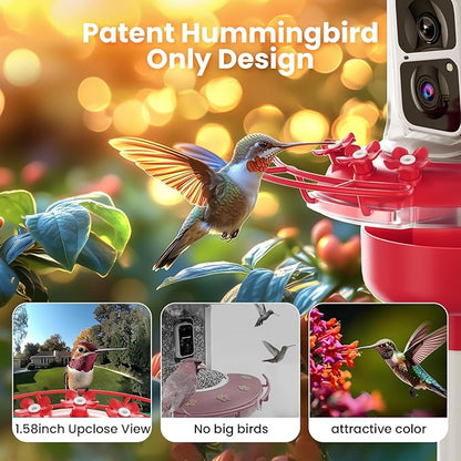 Soliom Hummingbird Feeder with Camera, Smart Feeder Camera with 2K Live View AI Identify, Leak Proof&Ant Moat&Bee Proof, Outdoor Pole/Hook Hanging, Ideal Gift for Family, 16 OZ with Solar Panel Red ﻿