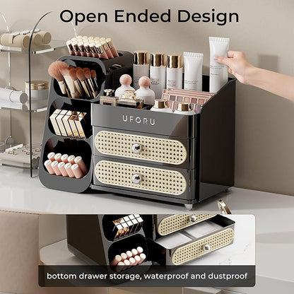 UFORU Makeup Organizer for Vanity with Brush Holder, Large Capacity Bathroom Countertop Skincare Organizer with 2 Drawers, Cosmetic Display Case for Perfumes, Eyeshadow Palettes, Nail Polishes