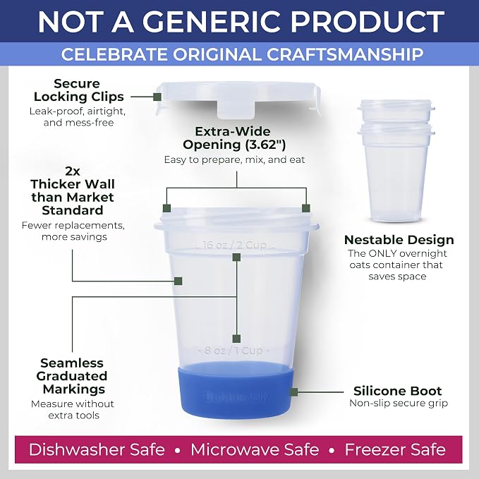 JoyPlus Overnight Oats Containers with Lids (2-Piece Set Lock Lid) - 16 Oz Overnight Oats Jars, Plastic Food Storage Containers with Lids Airtight for Oatmeal, Cereal, Yogurt, Chia Pudding