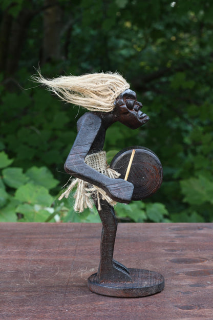 G6 Collection Wooden Handmade Primitive Tribal Statue - Hand Carved Teak Wood Tiki Playing a Bass Drum Musician Funny Sculpture - Unique Art Gift - Tropical Home Decor Accent Shelf - 8.5 inch