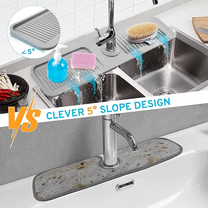 24" Longer Silicone Splash Guard, 5 Slope Design Faucet Water Catcher Mat