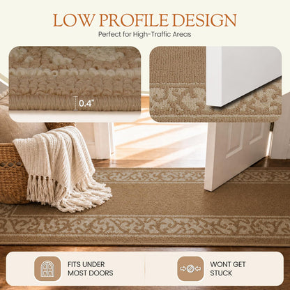 Washable Runner Rug 2x6 Ft, Non-Slip Hallway Rug with Rubber Backing, Kitchen Runner, Low Profile Indoor Carpet for Entryway, Laundry Room, Bedroom. (Border Beige, 24‘’X72'')