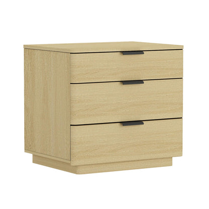 Manhattan Comfort Payton Modern 3-Drawer Nightstand with Raised Base and Rounded Corners, Boho End Table, Scandinavian Nightstand for Bedroom, or Living Room in Natural Oak Finish with Black Handles