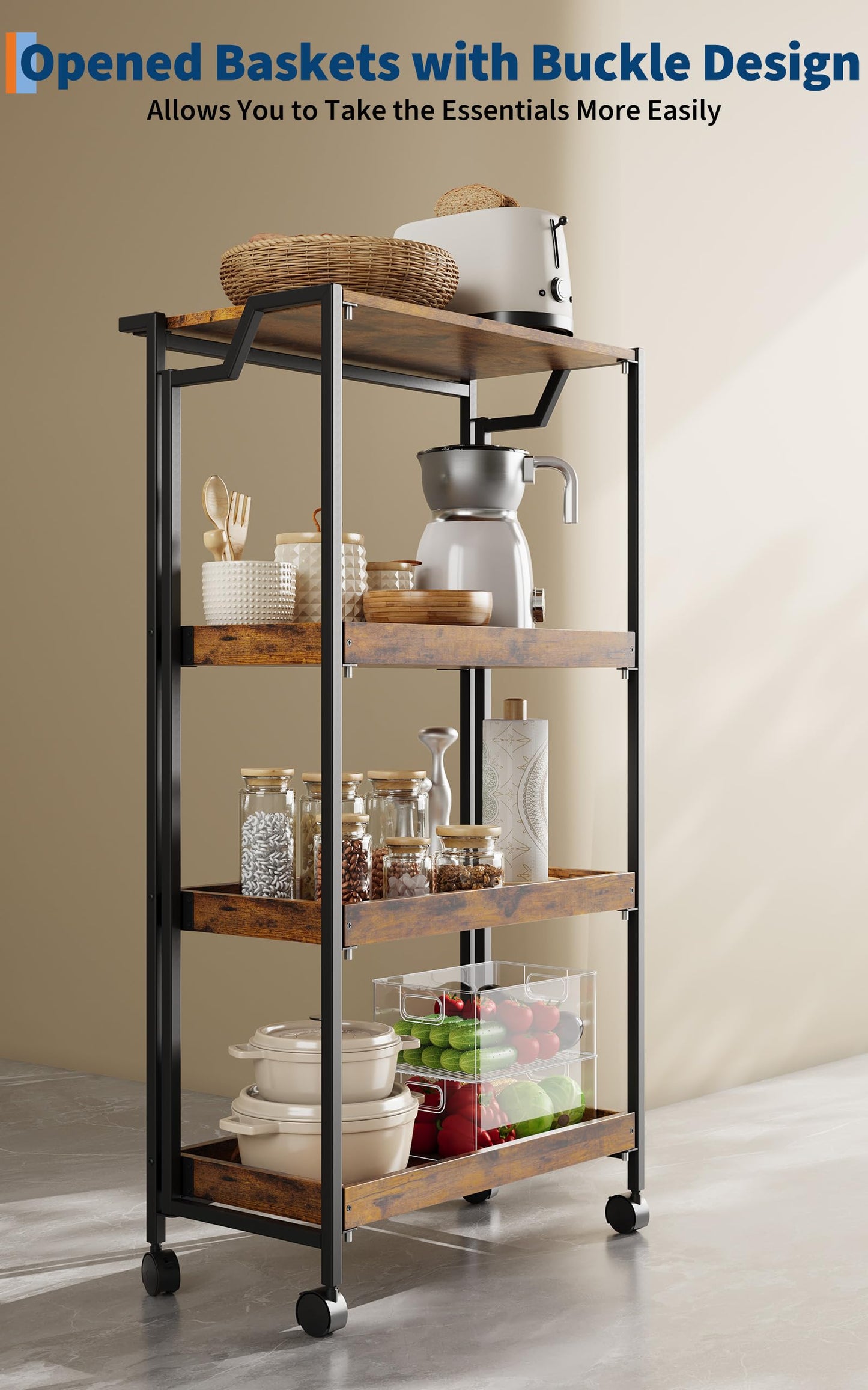 PeakPursuit Large 4-Tier Collapsible Wooden Storage Shelf – Heavy Duty 100 lbs Capacity, Locking Wheels – Space-Saving Organizer for Kitchen, Garage, Workshop, Home – No Assembly Required